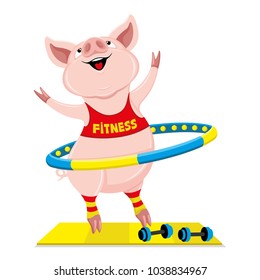 Cheerful pink pig with hula hoop on a white background.