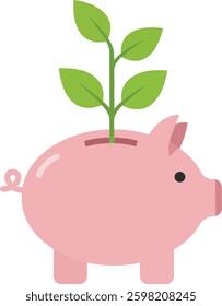 A cheerful pink piggy bank features a green sprout growing from its opening, symbolizing growth and savings in a bright, minimal design.