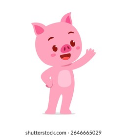 Leitão rosa alegre acenando sua mão com um rosto sorridente na ilustração de fundo branco isolado