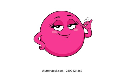 Cheerful pink round cartoon character with flirty eyes, long lashes, and playful hand gesture on a white background