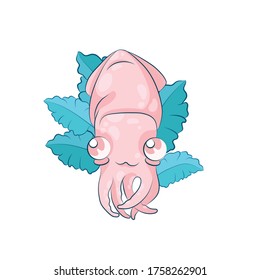 Cheerful pink squid on a background of seaweed. Cartoon. Vector design of stickers, prints, children's illustrations.