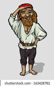Cheerful pirate with a beard and mustache, a full-length. Vector illustration.