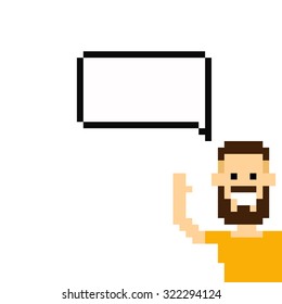 Cheerful pixel art 8-bit bearded guy showing up from the corner with speech bubble