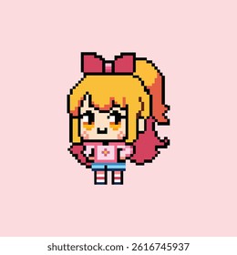A cheerful pixel art girl with a big pink bow and vibrant orange hair, styled in a cute and playful aesthetic
