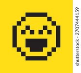 Cheerful Pixel Art Smiley Face on Vibrant Yellow Background Featuring 8-Bit Happy Expression in Retro Digital Style
