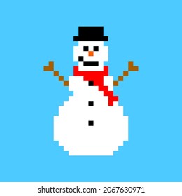Cheerful pixel snowman. Christmas winter character with top hat and red scarf. Game congratulations on holiday and vector new year