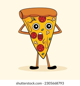Cheerful pizza character with tasty toppings. Cartoon vector illustration. Suitable for pizza icon, stickers, etc.