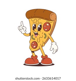 Cheerful pizza mascot wearing gloves and shoes, standing confidently with a friendly expression. Ideal for food marketing, children’s entertainment, and promotional materials. Vector illustration.