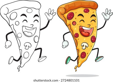 Cheerful pizza slice character jumping, colored and outline versions, cartoon vector illustration, white background