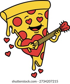 Um personagem alegre da fatia da pizza joga uma guitarra e é cercado por corações no fundo transparente de alta qualidade profissional detalhado moderno elegante elegante limpo vibrante