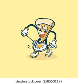 A cheerful pizza slice character uses a spatula to cook a fried egg in a pan.