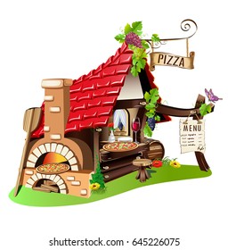 Cheerful pizzeria. Fabulous building with a stove. Vector illustration.