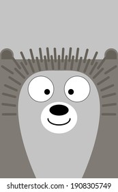 Cheerful plain grey hedgehog head with a square head for baby products and children