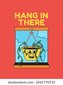 Cheerful Plant Character in a Hanging Pot Cheerful Plant Character in a Hanging Pot cartoon retro vintage hand drawn poster template