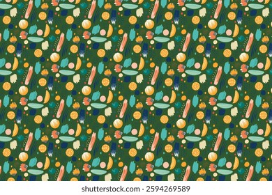 A cheerful and playful abstract pattern with various shapes and brushstrokes in a range of vibrant colors (yellow, orange, teal, pink, navy) on a deep forest green background.