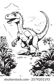 A cheerful and playful cartoon dinosaur strolling through a prehistoric jungle. 