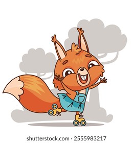 A cheerful and playful cartoon squirrel, roller skating with joy, enjoying a delightful day in the great outdoors