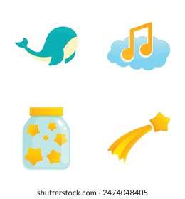 Cheerful and playful cute cartoon elements collection with colorful icons of animals. Nature. And magical fantasy. Including whimsical illustrations of a cheerful whale. Musical notes. Starry sky