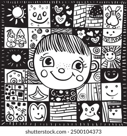 A cheerful and playful doodle pattern featuring a variety of cartoon faces and whimsical elements in black and white.
