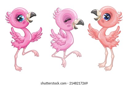 Aves flamencos alegres y juguetones. Tres lindos personajes sonrientes al estilo de las caricaturas. Ilustración vectorial aislada en fondo blanco. Para tarjeta, afiche, diseño, pegatinas, decoración, camiseta, ropa