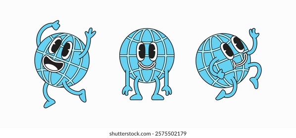 Cheerful and playful globe characters designed in a cartoon retro style hand drawn vector illustration
