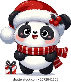 A cheerful and playful panda holding a brightly wrapped gift, perfect for a children's holiday card or festive design. 