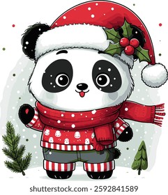 A cheerful and playful panda holding a brightly wrapped gift, perfect for a children's holiday card or festive design. 