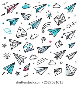 A cheerful and playful pattern featuring hand-drawn paper airplanes and clouds. Perfect for adding a touch of whimsy to your projects, this design is ideal for kids' products, stationery.