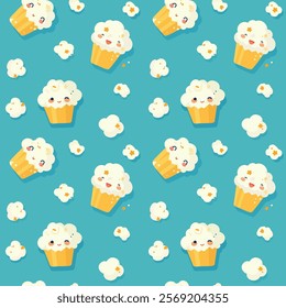 A cheerful and playful repeat pattern featuring smiling popcorn characters popping out of yellow cups against a calming blue backdrop.