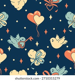 Cheerful and playful seamless pattern with cute birds and hearts. Lighthearted design perfect for holiday backgrounds, children's products, or love themes