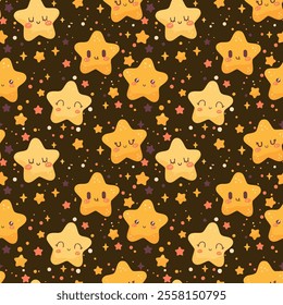 A cheerful and playful seamless pattern featuring various sized yellow stars with happy faces on a dark background. 