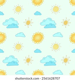 A cheerful and playful seamless pattern featuring hand-drawn suns and clouds