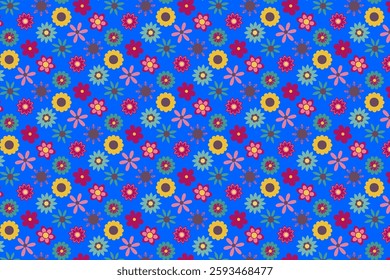 A cheerful and playful seamless pattern featuring various stylized flowers in a mix of vibrant colors.