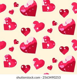 Cheerful and playful seamless pattern of red hearts of various sizes on a soft light yellow background. Unique artistic flair. Bright and eye-catching aesthetic. Valentine and romantic celebration.