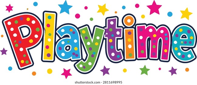 A cheerful Playtime text design adorned with stars and confetti, conveying a fun, whimsical, and celebratory mood.