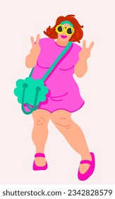Cheerful plump girl in pink dress showing victory sign with her fingers. Pinkcore. Vector isolated illustration.
