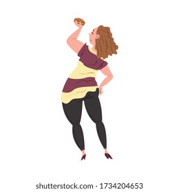 Cheerful Plump Woman Eating Hamburger, Back View of Plus Size Woman in Casual Clothes Enjoying of Fast Food Dish, Unhealthy Lifestyle, Body Positive Concept Vector Illustration