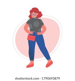 Cheerful Plus Size Red Haired Woman, Beautiful Curvy, Overweight Girl in Fashionable Clothes, Body Positive Concept Vector Illustration
