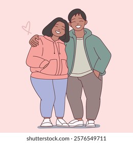 A cheerful plus-size Black couple hugging and smiling, celebrating love and diversity. Perfect for Valentine’s Day and inclusivity themes