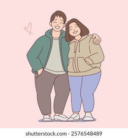 A cheerful plus-size couple hugging and smiling, celebrating love and body positivity. Perfect for Valentine’s Day themes and inclusivity messages.