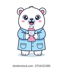 Un oso polar alegre vestido con una bata de laboratorio, sosteniendo un frasco con líquido rosa burbujeante, que representa la ciencia y el descubrimiento.