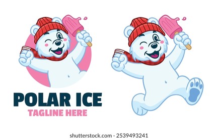 Alegre oso polar que sostiene la mascota del helado