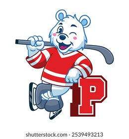 Cheerful Polar Bear With Ice Hockey Uniform Mascot