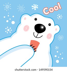 cheerful polar bear on a blue background with snowflakes 