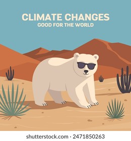 Oso polar alegre en gafas de sol en el desierto. Calentamiento global