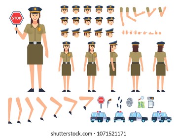 Cheerful policewoman creation kit. Create your own pose, action, animation. Various emotions, gestures, design elements. Flat design vector illustration