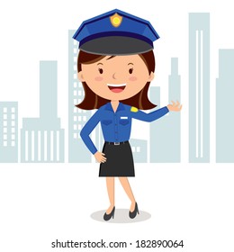 Cheerful policewoman. Vector illustration of a policewoman on duty.