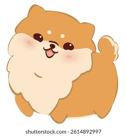 Cheerful Pomeranian pup with fluffy fur and a wide, joyful cartoon smile.