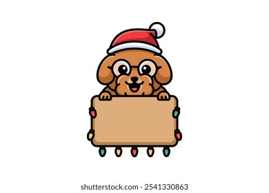 A cheerful poodle dressed in a Santa hat holding a Christmas sign, surrounded by vibrant holiday lights and festive decorations, capturing the joyful spirit of Christmas