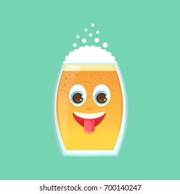 A cheerful, positive character with a glass of beer, foam and bubbles show tongue. Oktoberfest. Sticker for the messenger and other communication links. Vector illustration in a cartoon style.